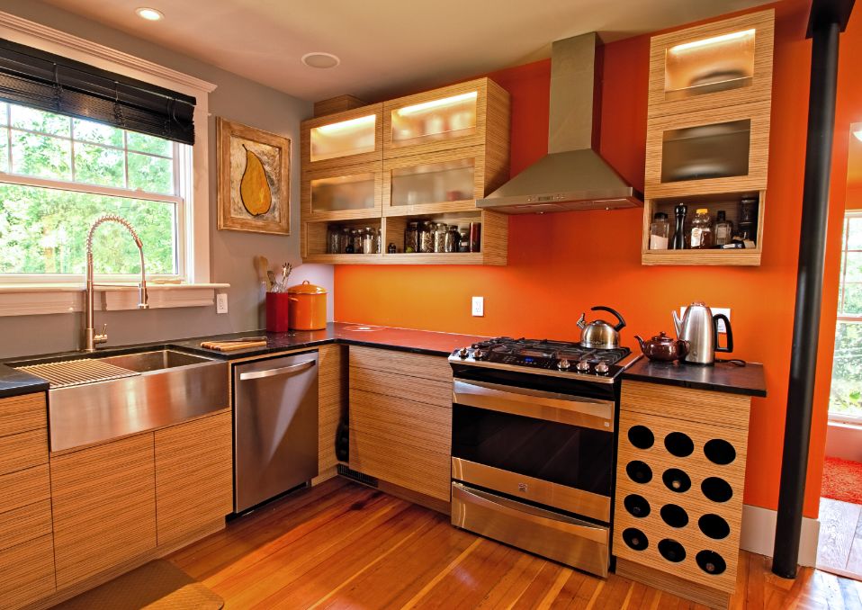 orange painted kitchen wall